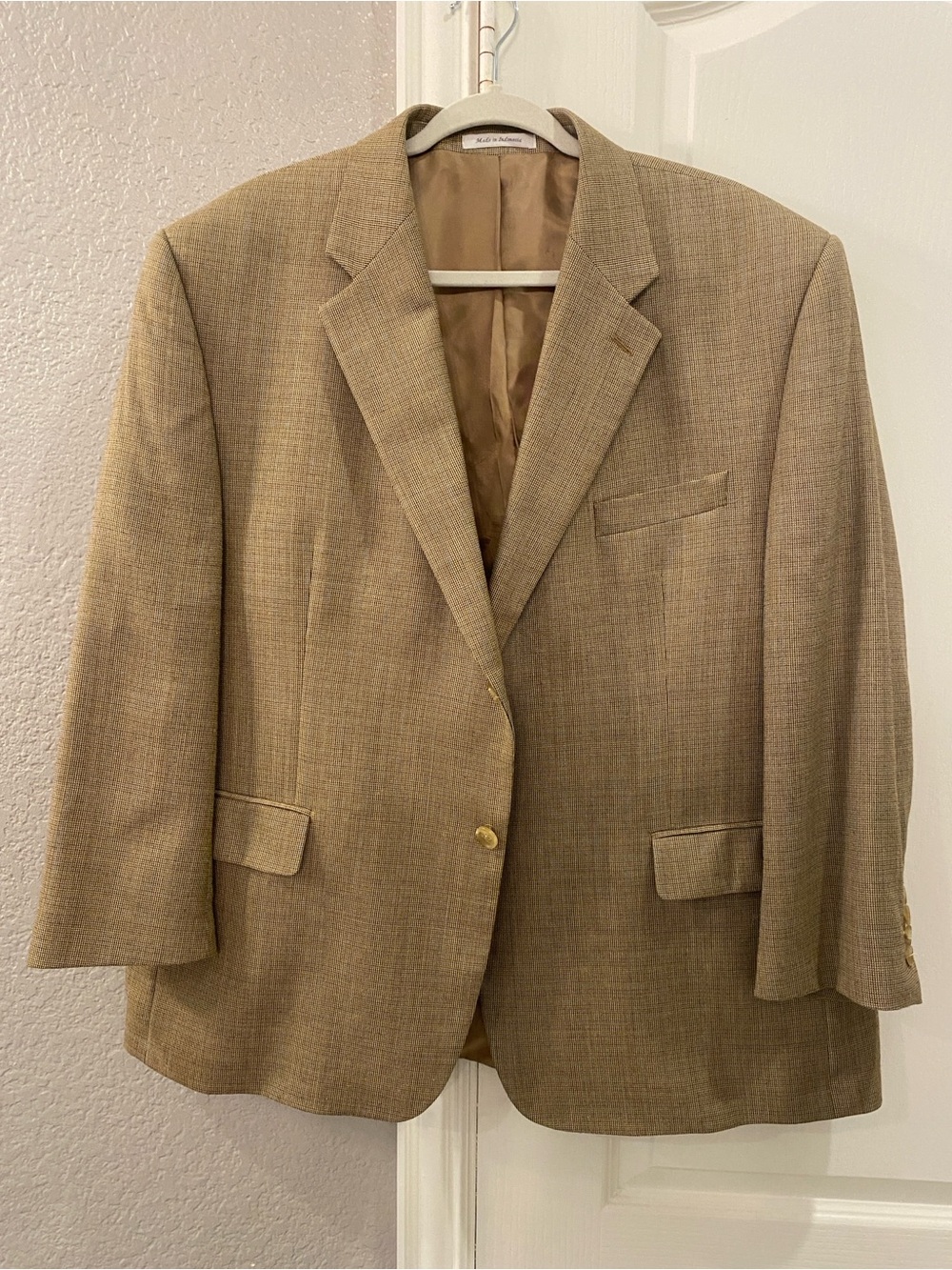Ralph Lauren Men's Tan Sport Coat Blazer Size 46S Wool Blend Classic Houndstooth